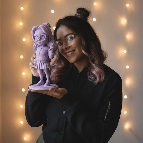 Foto de una persona con su figura 3D personalizada estilo Anime — tresde