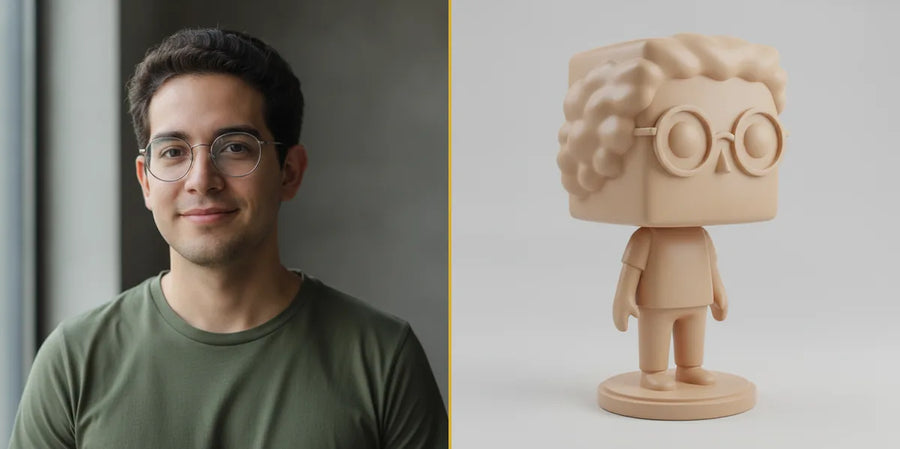 Caricatura 3D: retrato de una persona junto a su figura caricaturizada impresa en 3D