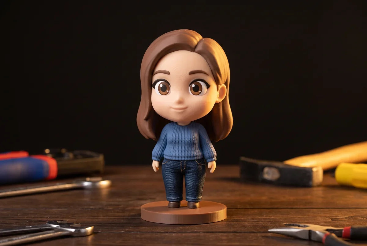 Figura chibi personalizada impresa en 3D con cabeza grande, ojos enormes y cuerpo compacto