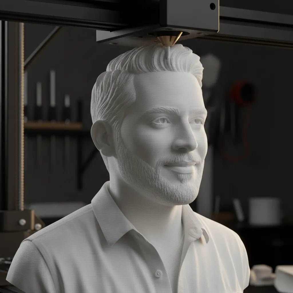 Impresión 3D capa a capa de un busto en PLA blanco en el taller