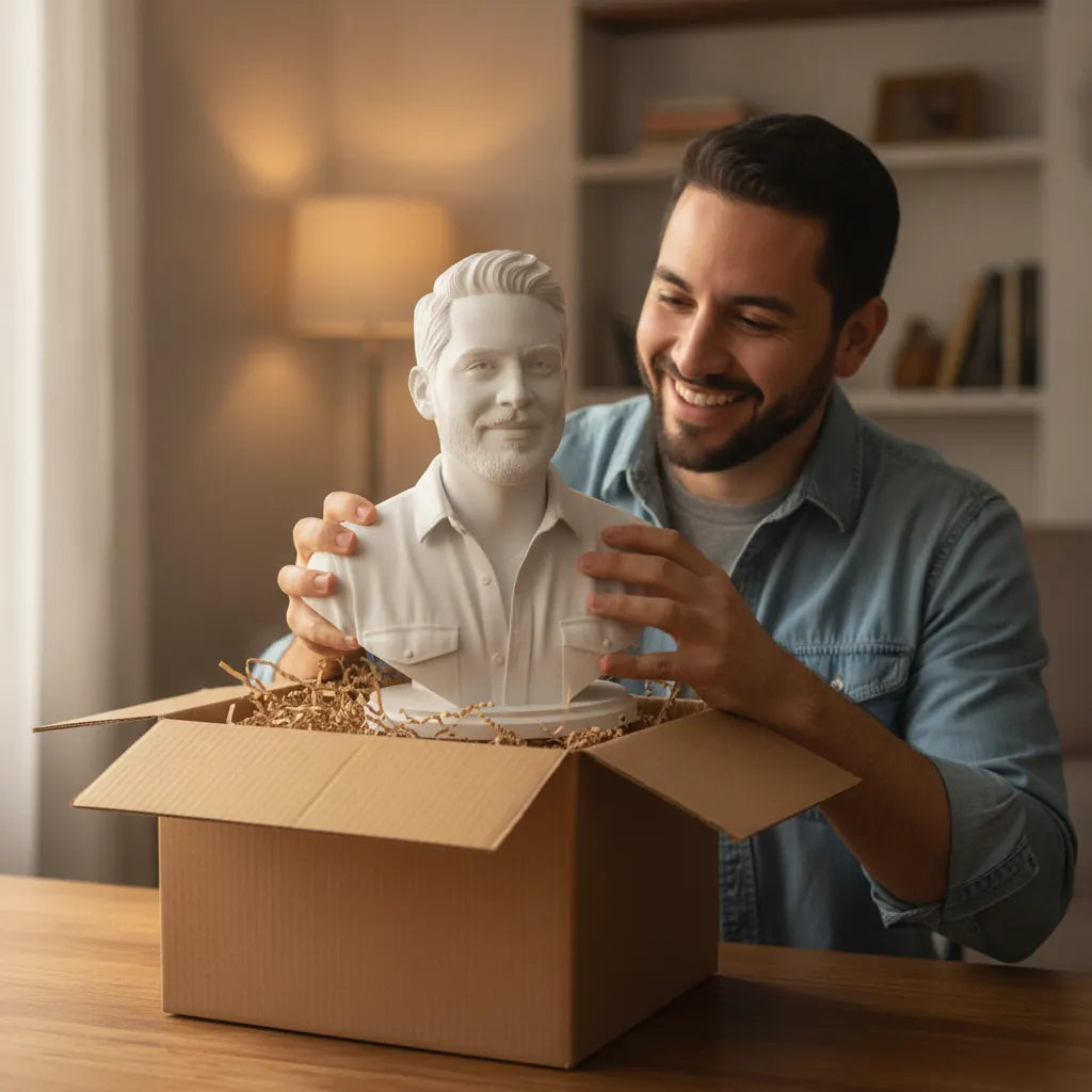 Cliente sacando de la caja su busto impreso en 3D recién recibido